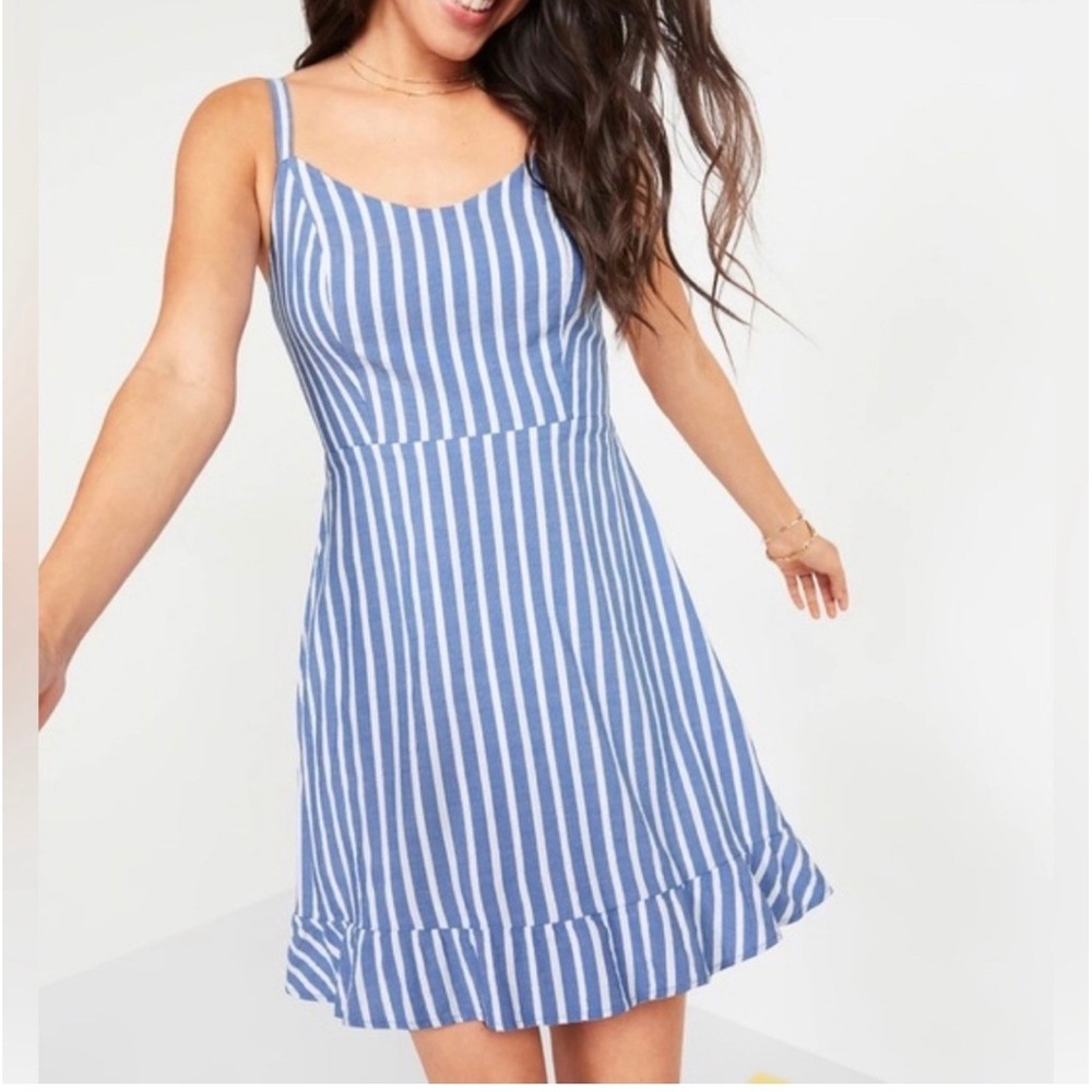 Old Navy Blue White Striped Ruffle Hem Sun Dress XS Smocked Back Adj Strap